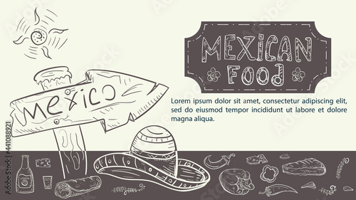 illustration sketch hand drawn for a design on the theme of Mexican food road sign hat sombrero drink tequila burrito and pepper
