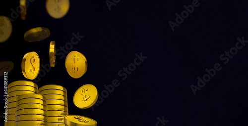 Golden dollar coins fly and fall. Concept of success, investment, profit, wealth, wealth. brander black background