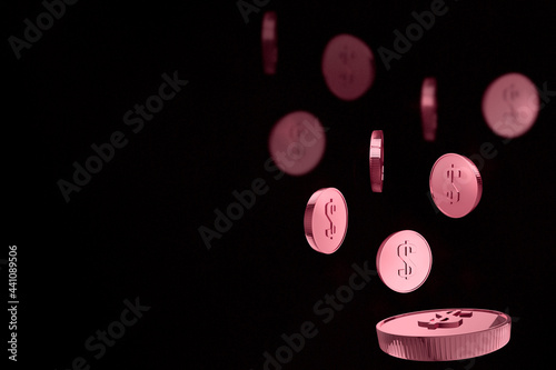 Pink dollar coin. Concept of success, investment, profit, wealth, wealth. brandner black background