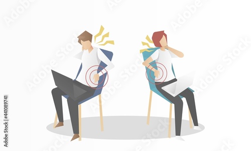 Back pain symptoms,Back ache or muscle pain from work or activity in men and women,with bending, twisting, lifting, standing,sleep or walking,signal a serious medical problem,vector illustration.