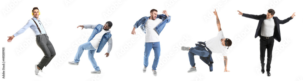 Handsome men dancing against white background Handsome men dancing against white background