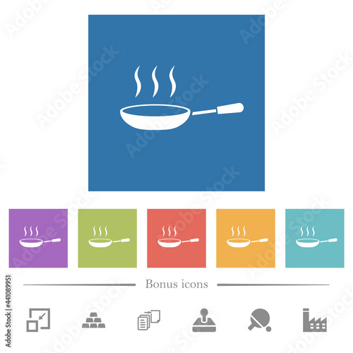Steaming frying pan flat white icons in square backgrounds