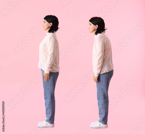 Mature woman with bad and proper posture on color background