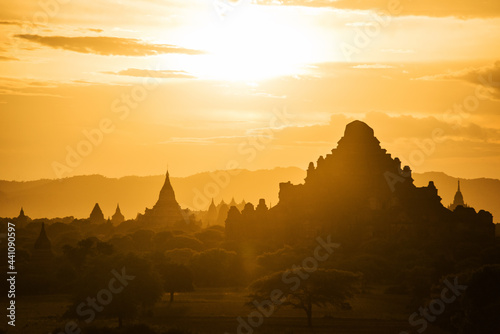 The sunset of Bagan, Myanmar is an ancient city with thousands of historic buddhist temples and stupas. © kikujungboy