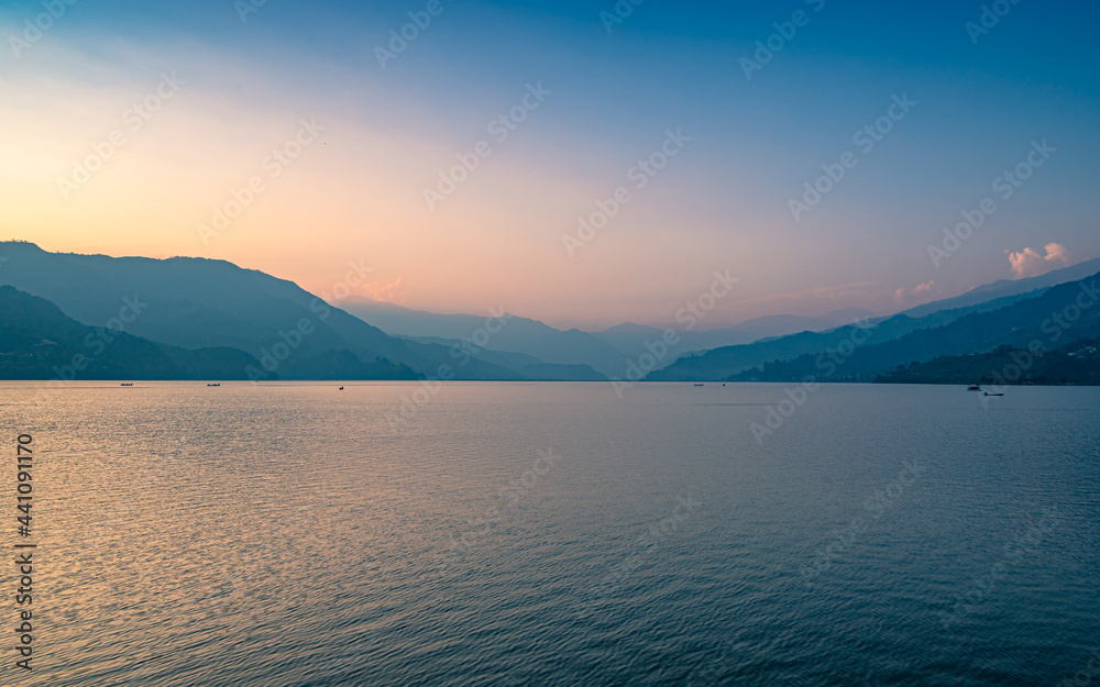 Landscape gloomy view of Phewa Lake at Pokhara, Nepal.