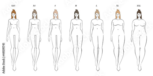 Row of womens of different clothes size. Vector sketch of walking girls