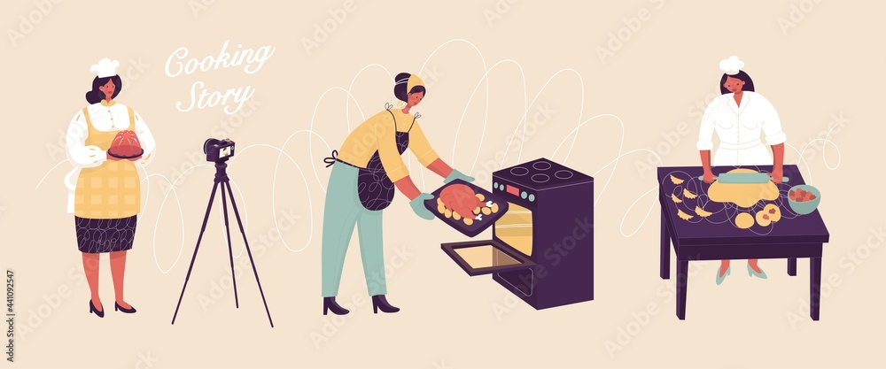 Set with cooking women. Three isolated scenes. Cooking process. Preparing food, food blogging, social media, freelancer at home. Vector illustration. Poster, sticker, card design. Chicken, jelly.