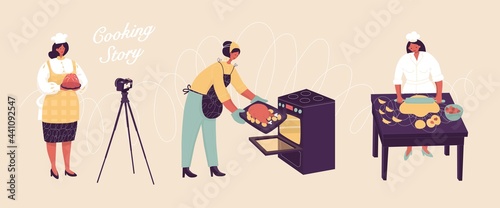 Set with cooking women. Three isolated scenes. Cooking process. Preparing food, food blogging, social media, freelancer at home. Vector illustration. Poster, sticker, card design. Chicken, jelly.