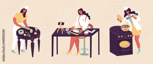Set with people Preparing food. Food blogging. Woman cooks. Vector illustration. Poster, print, sticker, card design. Sushi, Asian food, rice, fish, stove, soup, confectionery, dough, camera, show.