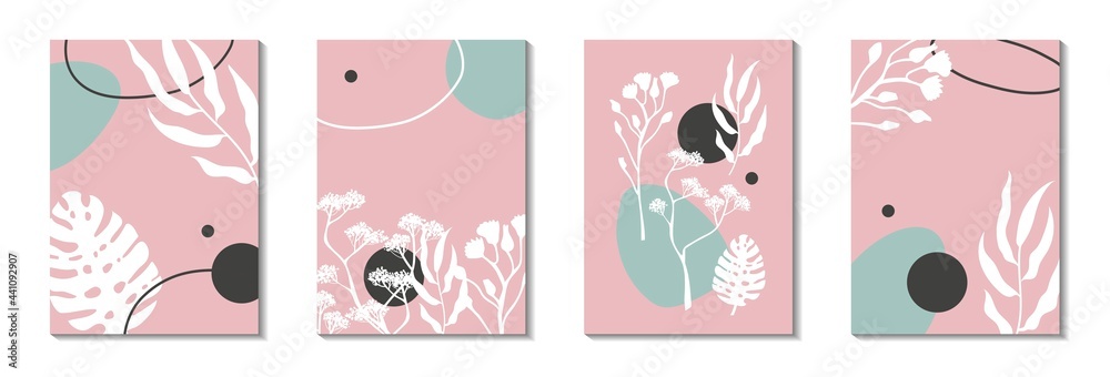 Abstract composition with leaves and geometric shapes. Interior, home decoration. Poster, card, flyer, frame, wedding  design. Elegant style. 