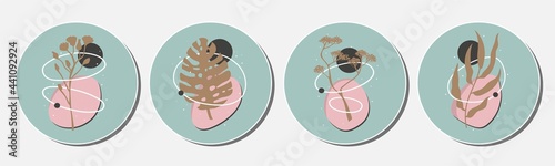 Set with  icons, templates for social media resources. Floral elements, plants, leaves, leaf. Geometric shapes, points, lines, spots. Vector illustration. Pin, sticker, poster, home, interior design. 