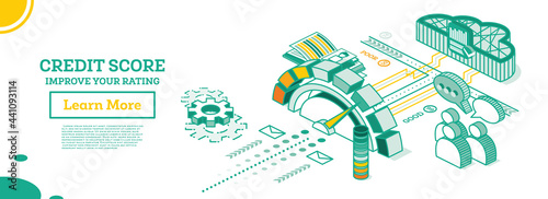 Isometric Personal Credit Score or Rating Concept. Credit Score Calculated in Computer's Cloud.