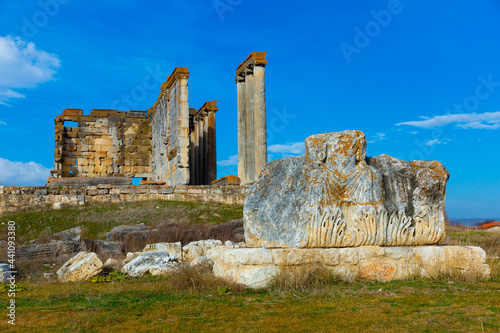 View of partially restored Temple of Zeus, main sanctuary of ancient city of Aizanoi in Turkish province of Kutahya on sunny winter day photo