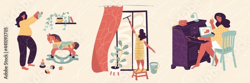 Set with different stay home situations. Pregnant, Washing window, Work at home, freelancer, cleaning, childish room, wood horce. Vector illustration. Poster, print, card design. Isolated elements.