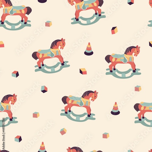 Seamless Pattern for childish textile, cozy room interior. Vector illustration. Poster, print, card design. Swing, pyramid, cubes, toys, baby room, funny ornament. 