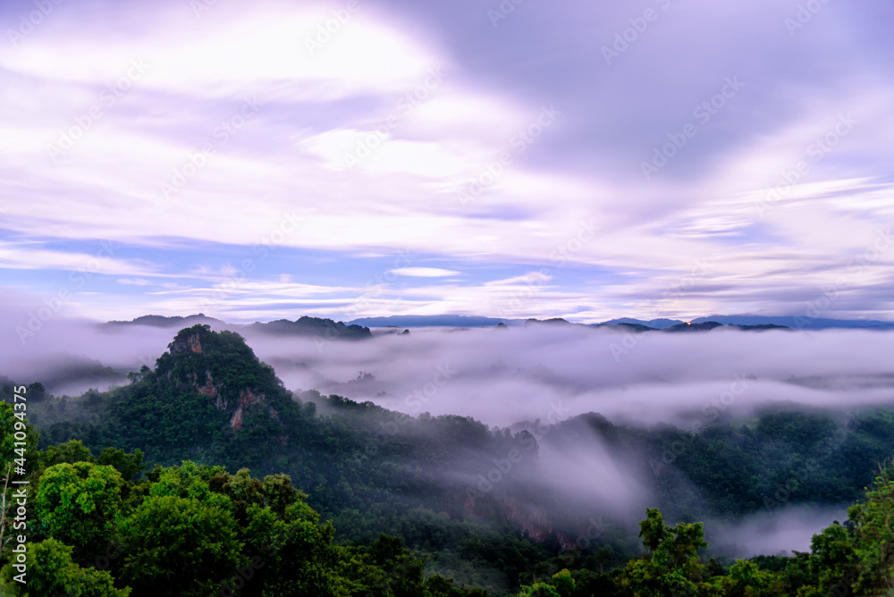 Morning mist Viewpoint Baan Jabo, the most favourite place for tourist in Mae Hong Son province Thailand.