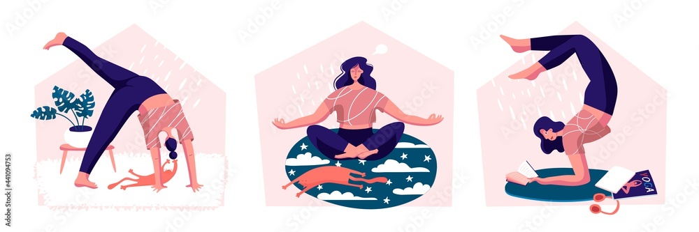 Girl, women doing yoga. Mind and emotions control. Health activity. Vector illustration. Poster, print, sticker, card design. Cat lies in relax, home pet, stars and clouds on carpet. Isolated element Girl, women doing yoga. Mind and emotions control. Health activity. Vector illustration. Poster, print, sticker, card design. Cat lies in relax, home pet, stars and clouds on carpet. Isolated element