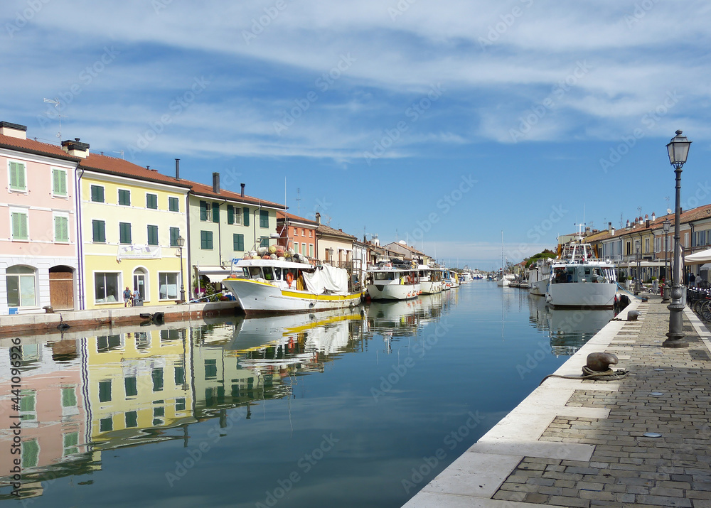 Boats on Leonardesque Canal Port in Cesenatico, Italy