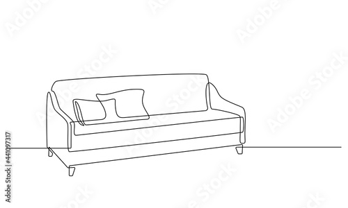 One continuous line drawing of sofa. Cozy Couch with two pillows. Home furniture in simple linear style. Editable stroke Vector illustration