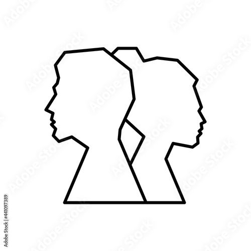 Silhouette of men and women who quarrel and turn their backs icon. Psychology. Divorce of a young couple. Isolated symbol for: illustration, outline, logo, design, web, dev, ui, gui. Vector EPS 10
