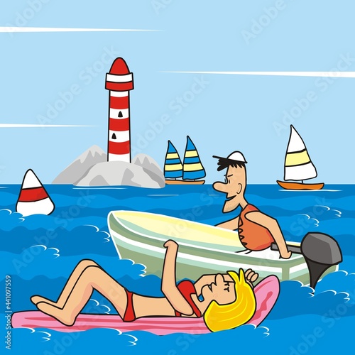 Leisure activities at sea, landscape with lighthouse and people on a boat and deck chair. Vector illustration.	