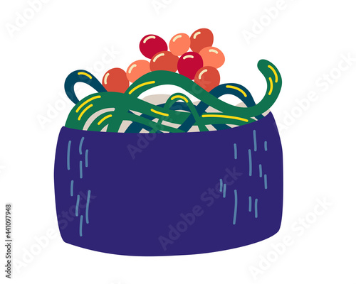 Sushi roll with seaweed and caviar. Gunkan maki sushi with salmon caviar. Hand drawn japanese food. Traditional Asian cuisine and food, illustration for social networks for restaurant, bar. Vector