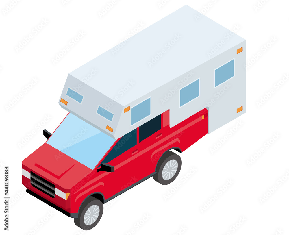 SUVs, pickup truck campers. Isometrics car illustration 3D solid