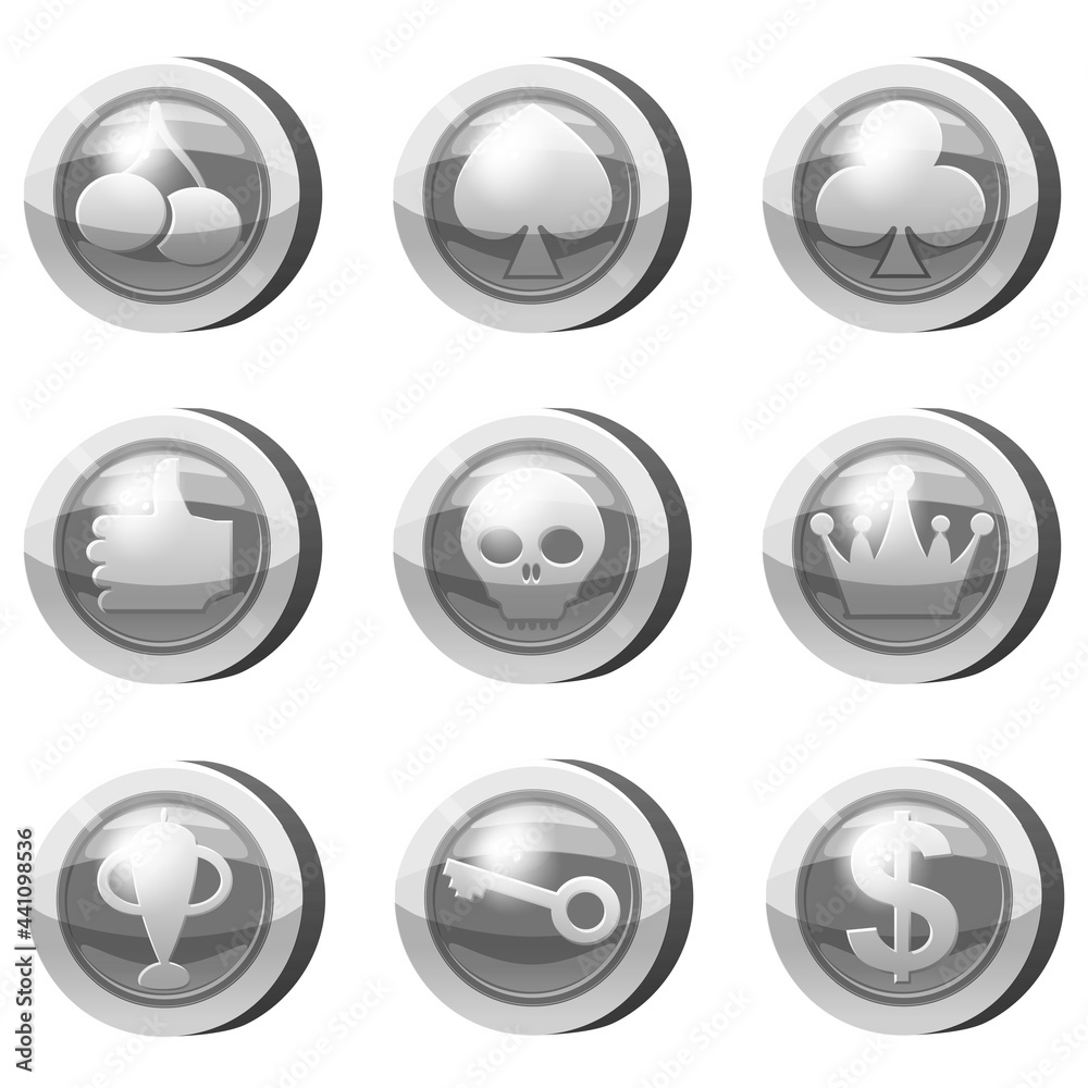 Set of Silver Coins for game apps. Grey icons, card suits, crown, scull, key, goblet, symbols game UI, gaming gambling. Vector illustration Set of Silver Coins for game apps. Grey icons, card suits, crown, scull, key, goblet, symbols game UI, gaming gambling. Vector illustration