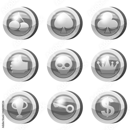 Set of Silver Coins for game apps. Grey icons, card suits, crown, scull, key, goblet, symbols game UI, gaming gambling. Vector illustration