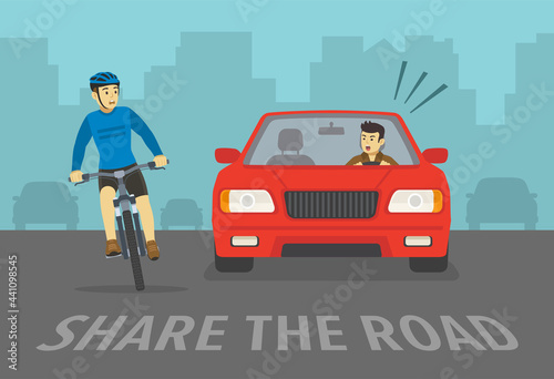 Scared cyclist turned his head and looking at red sedan car. Front view of cycling bike rider and agressive angry car driver. Share the lane warning design. Flat vector illustration template.