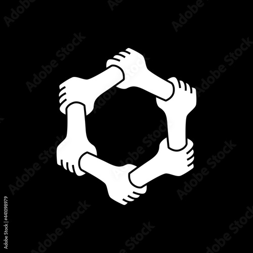 six hands holding each other team work unity together logo vector icon illustration