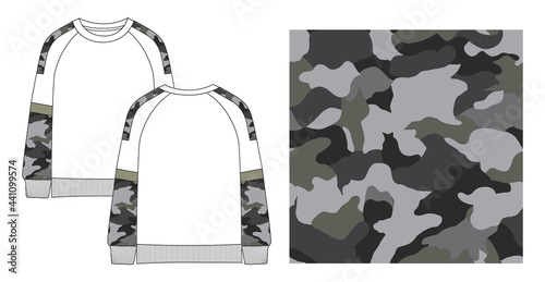Raglan long sleeve Winter Sweater With cut and sew camouflage Aop Pattern . Fashion technical Flat sketch vector template front and back view.