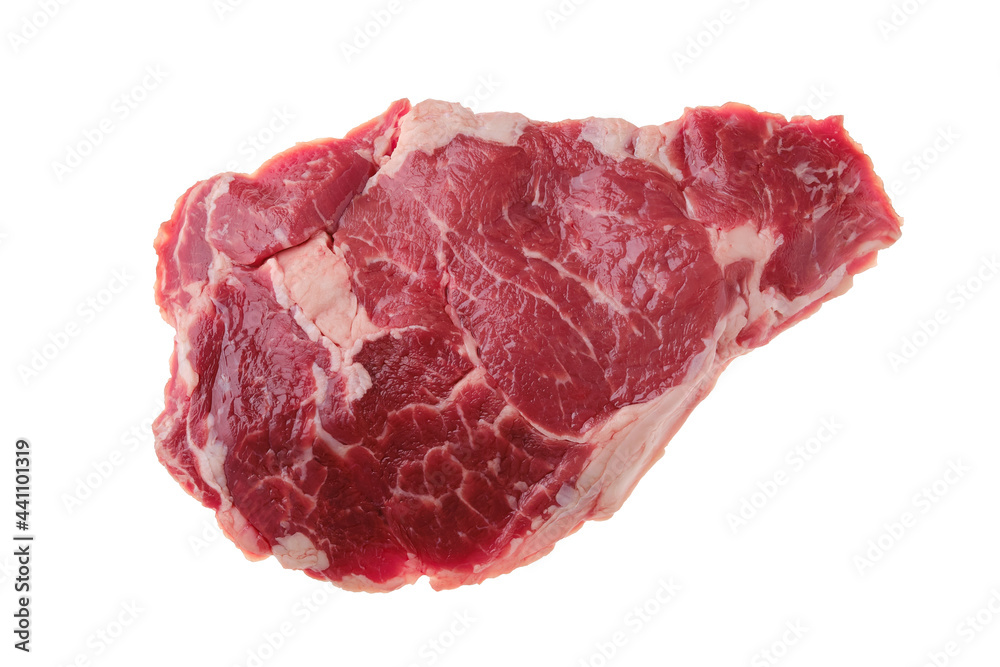 Obraz premium Overhead view of raw ribeye steak, premium beef boneless meat isolated on white