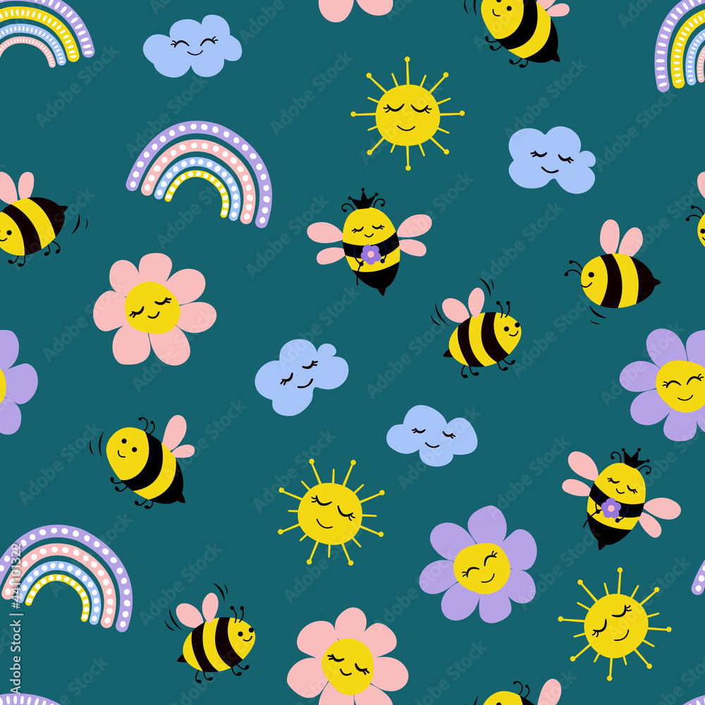 Fototapeta premium Bee Seamless pattern. Cute hand drawn bees, flowers, clouds, rainbow, sun. Design for fabric, textile, wallpaper, packaging, for children.