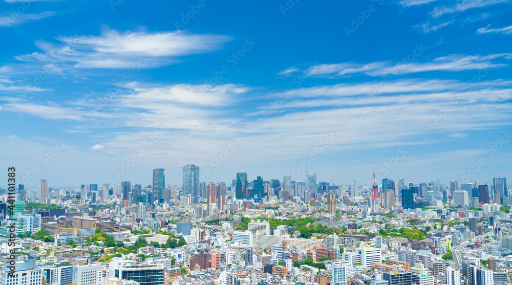 東京風景　春の日差し青空と緑