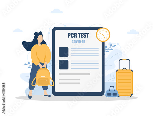 Woman with PCR test. New normal for travel. Healthy girl with bagpack ready to fly. Covid-19 test negative result certificate. Vector illustration in flat cartoon style.