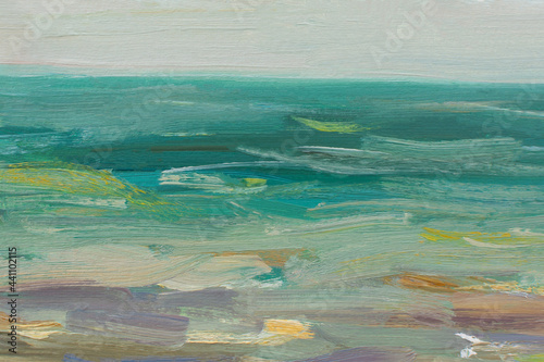 Sea oil painting. Abstract turquoise seascape. Impressionism, plein-air sketch, fragment. The concept of summer, recreation. Artistic pictorial background for creative design of postcards, covers.