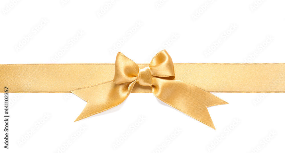 Fototapeta premium Beautiful golden ribbon with bow on white background