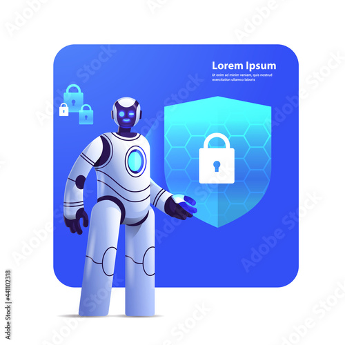 modern robot cyborg with protection shield cyber security data protection artificial intelligence technology concept