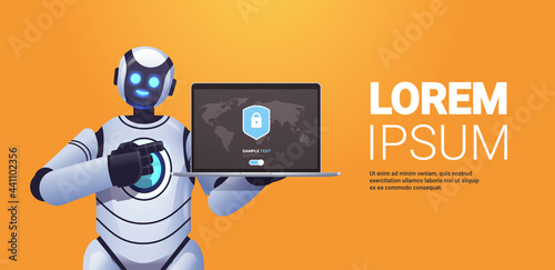 robot cyborg holding laptop with protection shield cyber security data protection artificial intelligence technology