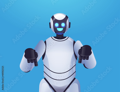 cute robot cyborg pointing at something modern robotic character artificial intelligence technology concept
