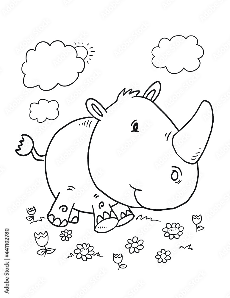 Cute Safari Animal Rhino Coloring Book Page Vector Illustration Art