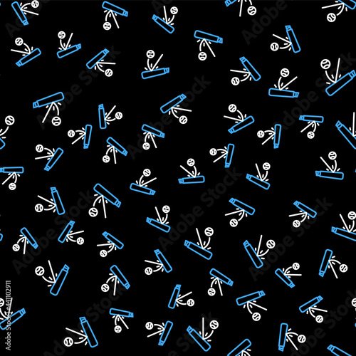 Line Baseball bat with ball icon isolated seamless pattern on black background. Vector