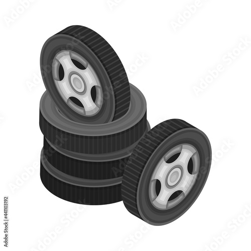 Car Tire or Tyre as Ring-shaped Component of Wheel Rim Piled Isometric Vector Illustration