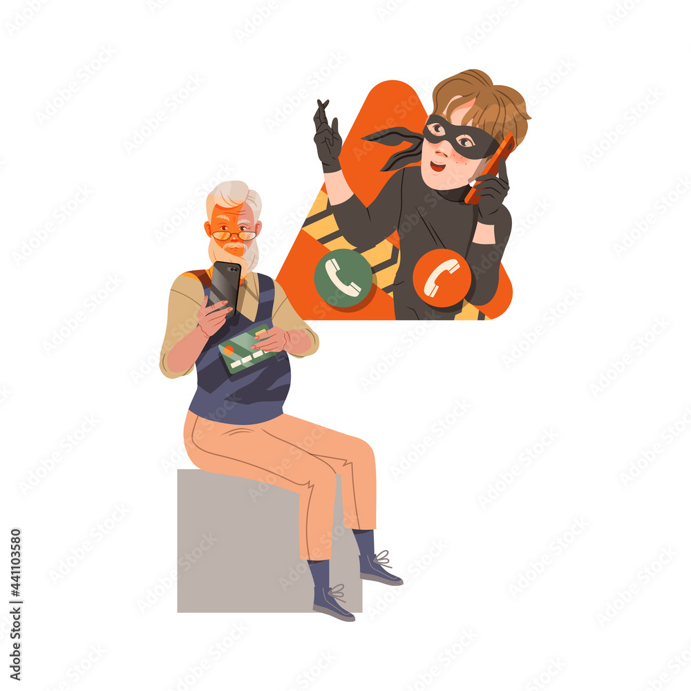Senior Man with Smartphone and Credit Card as Victim of Cybercriminal Committing Network Crime Harming Financial Health Vector Illustration Senior Man with Smartphone and Credit Card as Victim of Cybercriminal Committing Network Crime Harming Financial Health Vector Illustration
