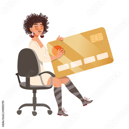Young Woman Sitting with Credit Card as Victim of Cybercriminal Committing Network Crime Harming Financial Health Vector Illustration