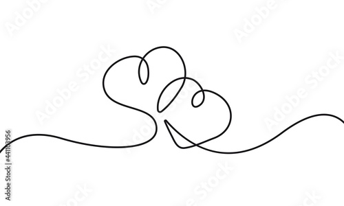 Continuous Line Drawing of Two Hearts Black Sketch Isolated on White Background. Couple Trendy Minimalist Illustration. Heart One Line Abstract Drawing. Love Minimalist Concept. Vector EPS 10.