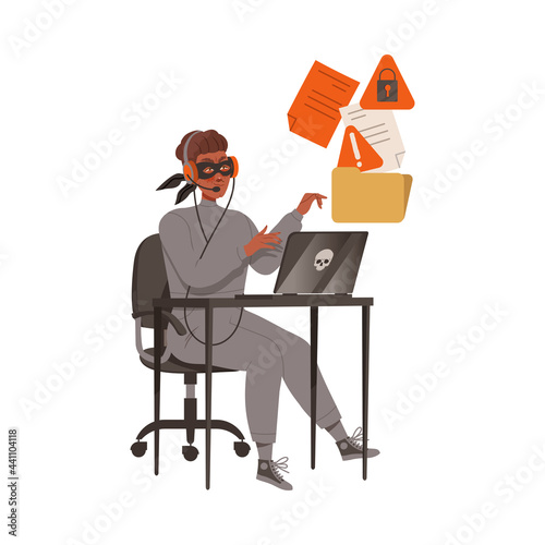 Man Cybercriminal Wearing Black Mask In Front of Laptop Committing Network and Computer Crime Harming Security and Financial Health Vector Illustration