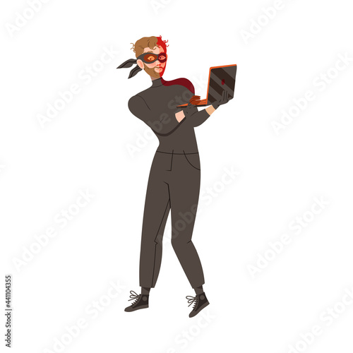 Man Cybercriminal Wearing Black Mask Committing Network and Computer Crime Harming Security and Financial Health Vector Illustration