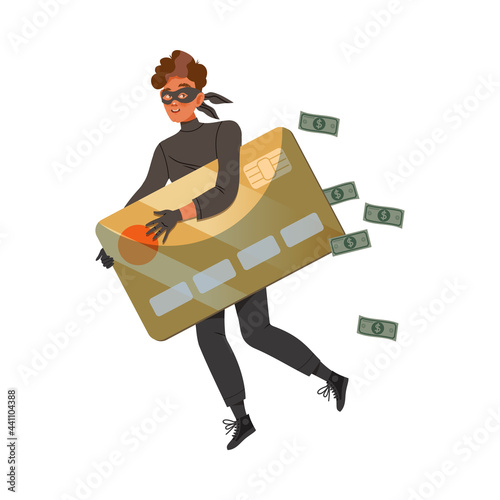 Man Cybercriminal Wearing Black Mask Holding Credit Card Committing Network and Computer Crime Harming Security and Financial Health Vector Illustration